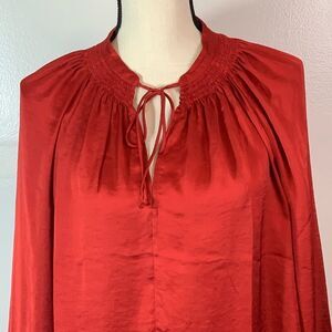 Lucky Brand Red polyester pullover long sleeve blouse with  tie neck Large